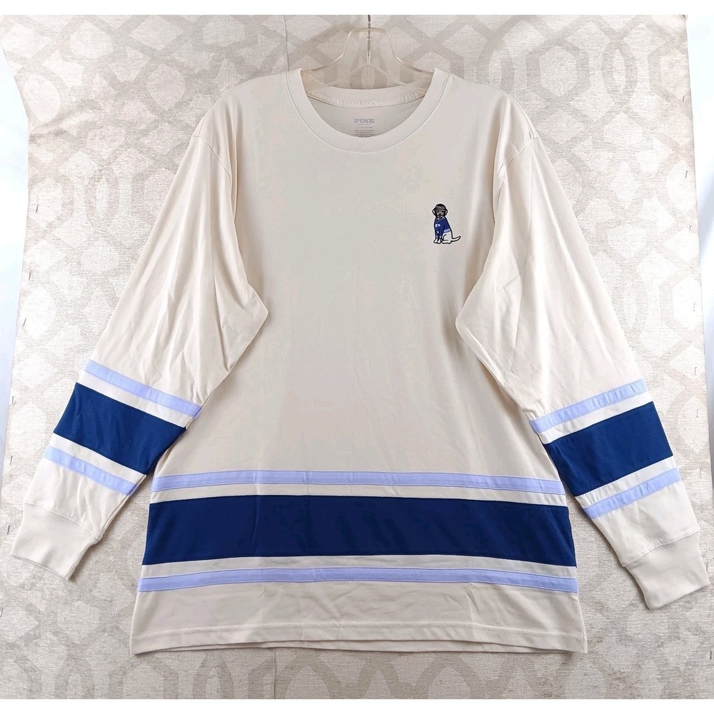 Pink Victoria's Secret Women S Cream Hockey Jersey Long Sleeve Tee Cotton Blend
